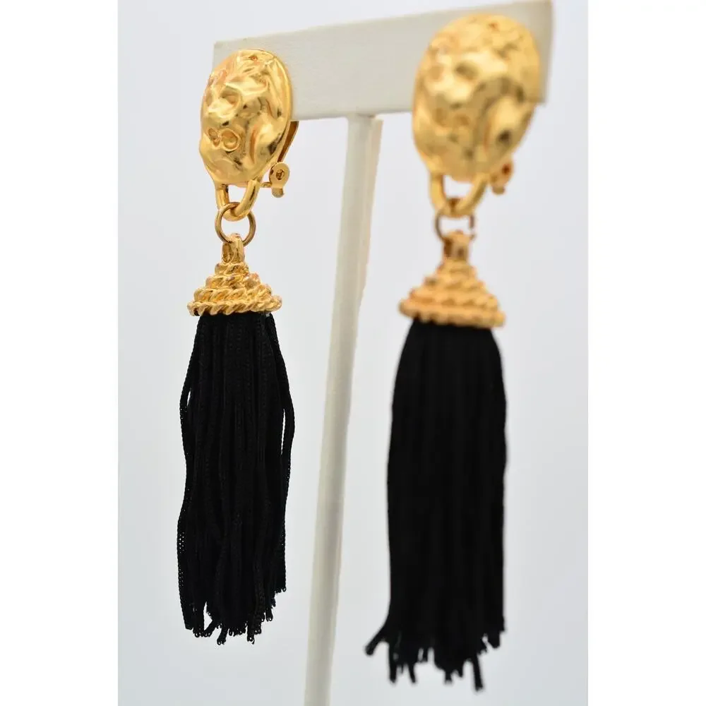 Vintage Lion Head Black Tassel Clip On Statement Earrings Brushed Gold 80s BinAR